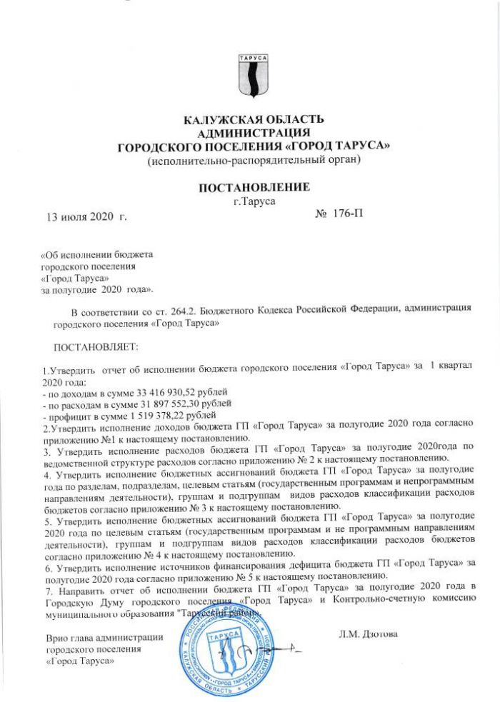 Об исполнении бюджета городского поселения “Город Таруса” за полугодие 2020 года.”