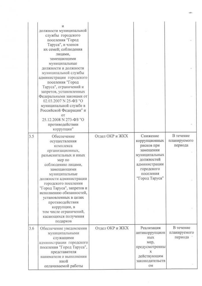 Об утверждении плана мероприятий по противодействию коррупции в городском поселении “Город Таруса на 2019-2020 год”