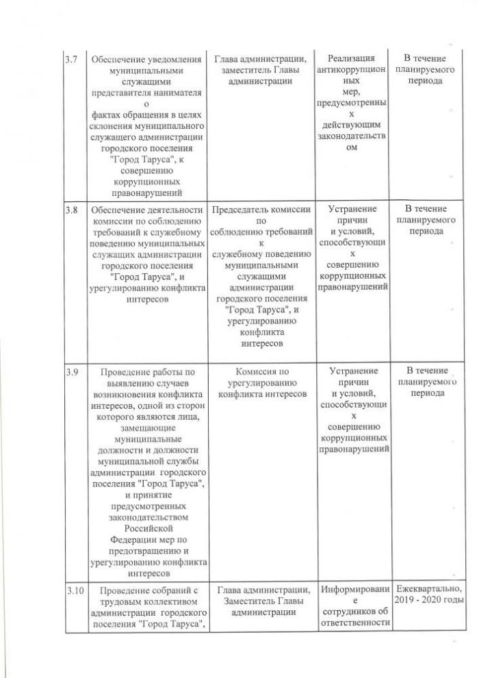 Об утверждении плана мероприятий по противодействию коррупции в городском поселении “Город Таруса на 2019-2020 год”