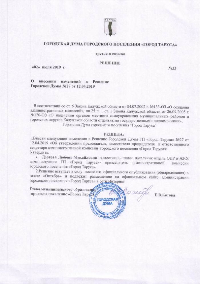 О внесении изменений в Решение Городской Думы №27 от 12.04.2019” 